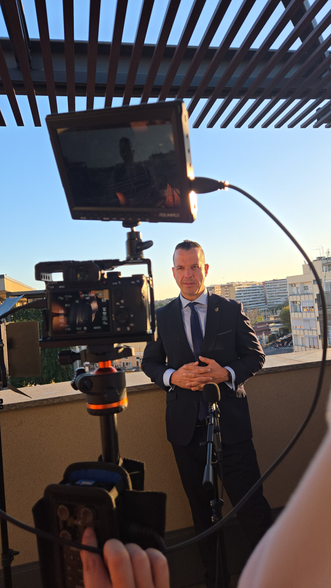 Gareth Crook being filmed at an international gaming industry event.
